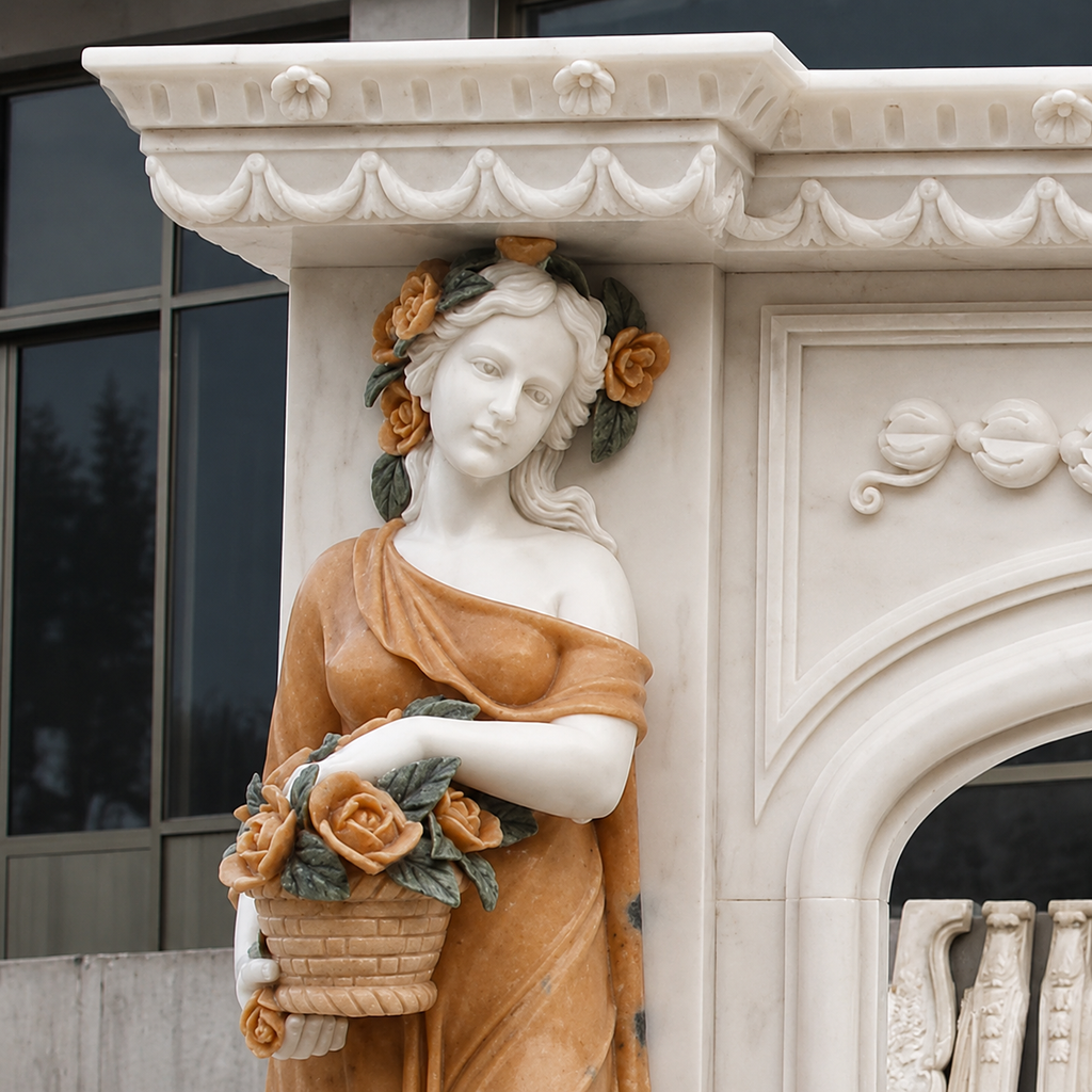 Custom Hand-Carved Marble Fireplace with Woman Statues | IronFlameWorks