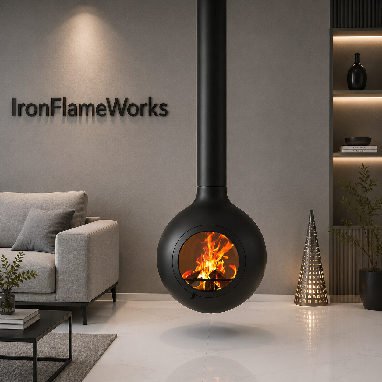 Round biota Floating Fireplace Indoor Ceiling Hanging Fireplace