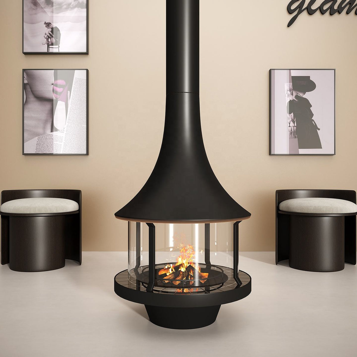 Modern 360° view Suspended Freestanding Fireplace | Custom Ceiling Mounted Fireplace