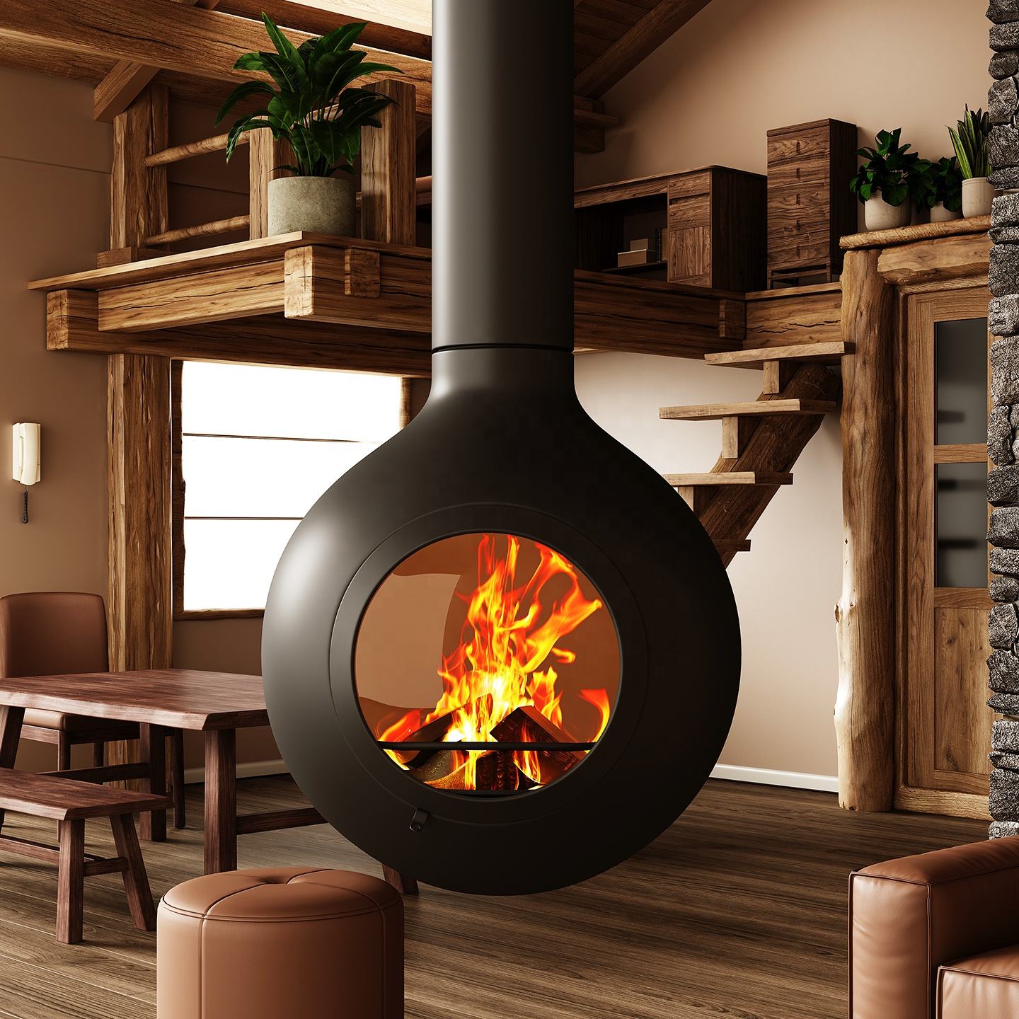 Round biota Floating Fireplace Indoor Ceiling Hanging Fireplace