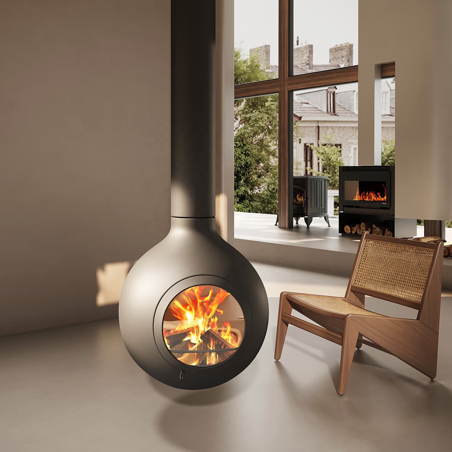 Round biota Floating Fireplace Indoor Ceiling Hanging Fireplace