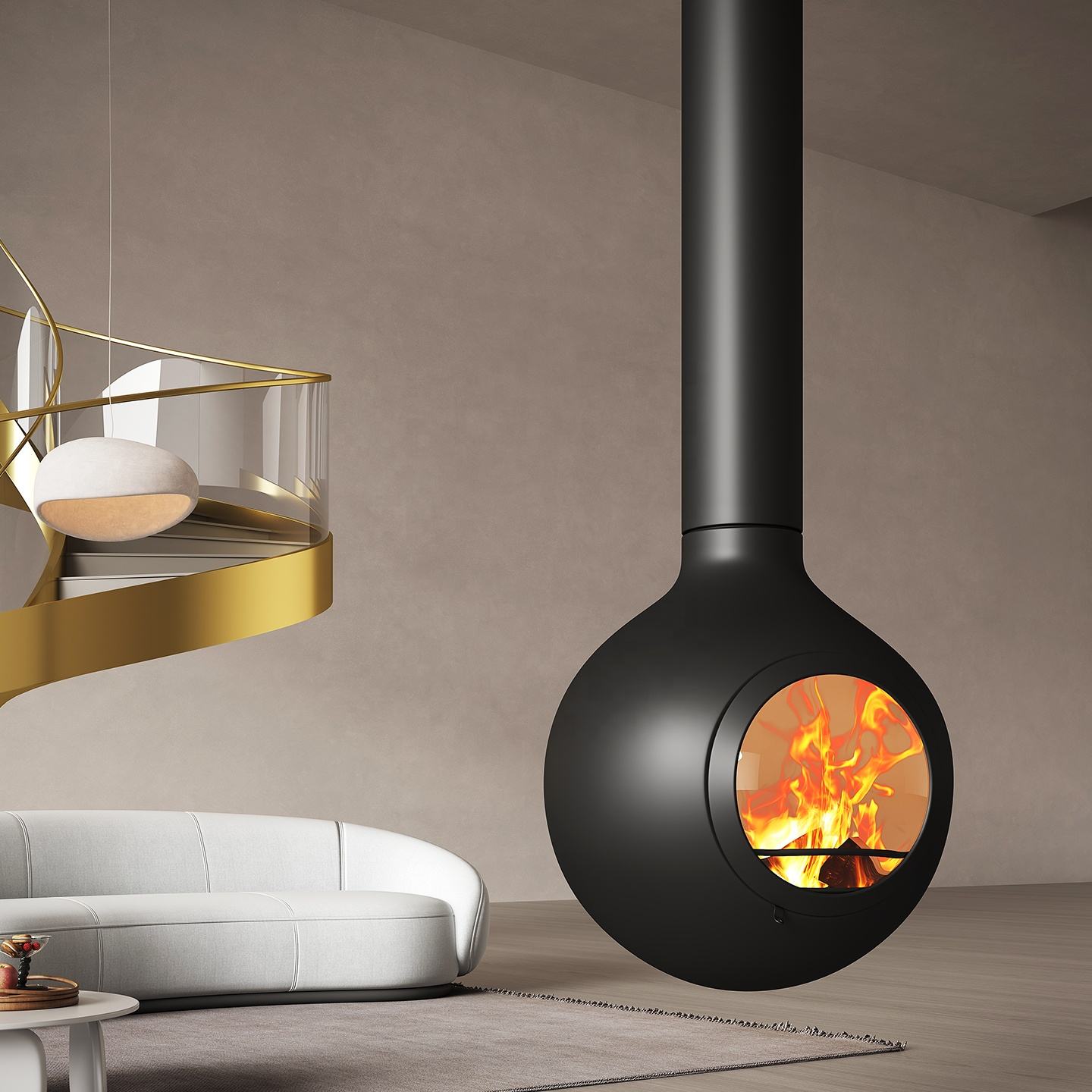 Round biota Floating Fireplace Indoor Ceiling Hanging Fireplace