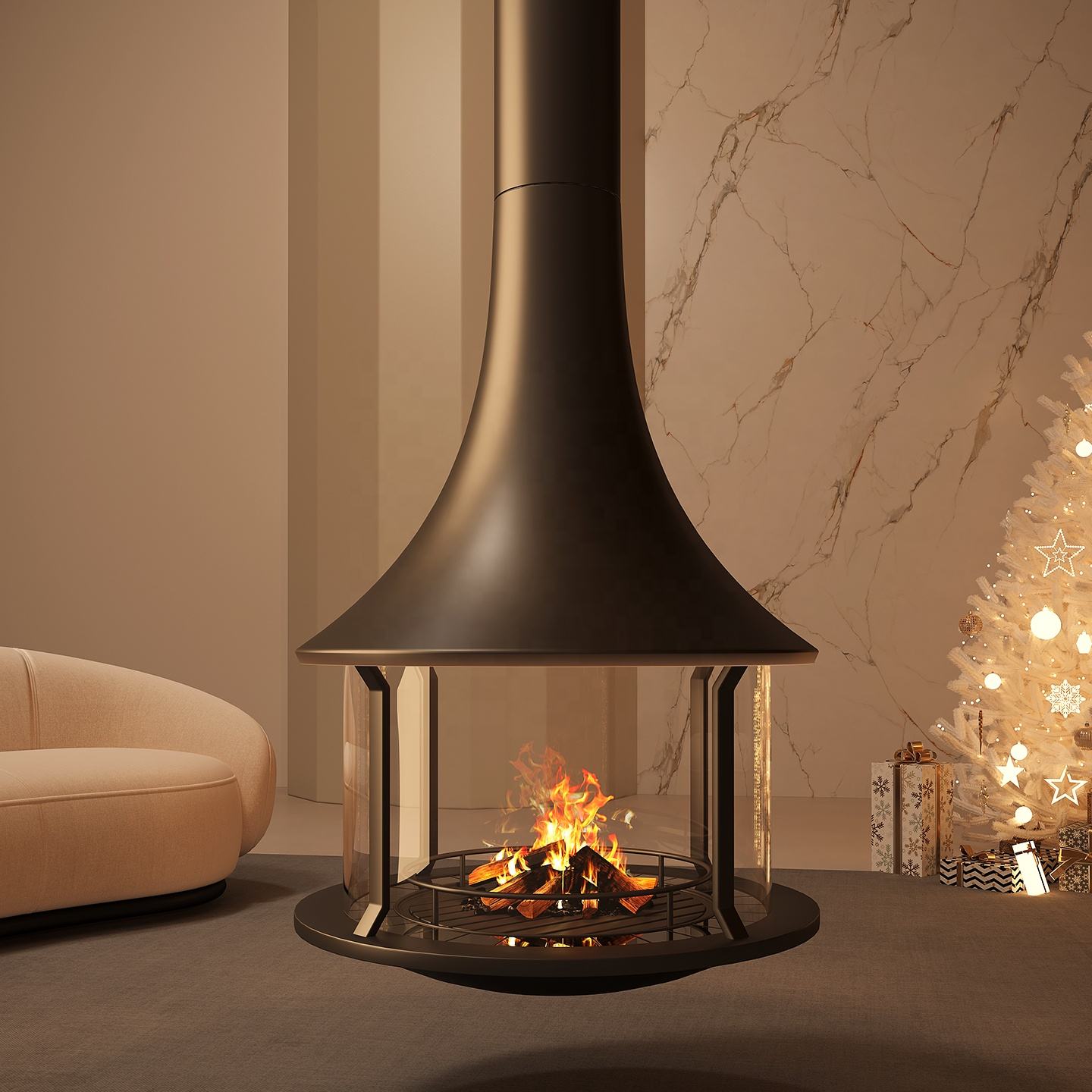 Luxury 360 View Wood Burning Fireplace Custom Hanging Real Flame Fireplace