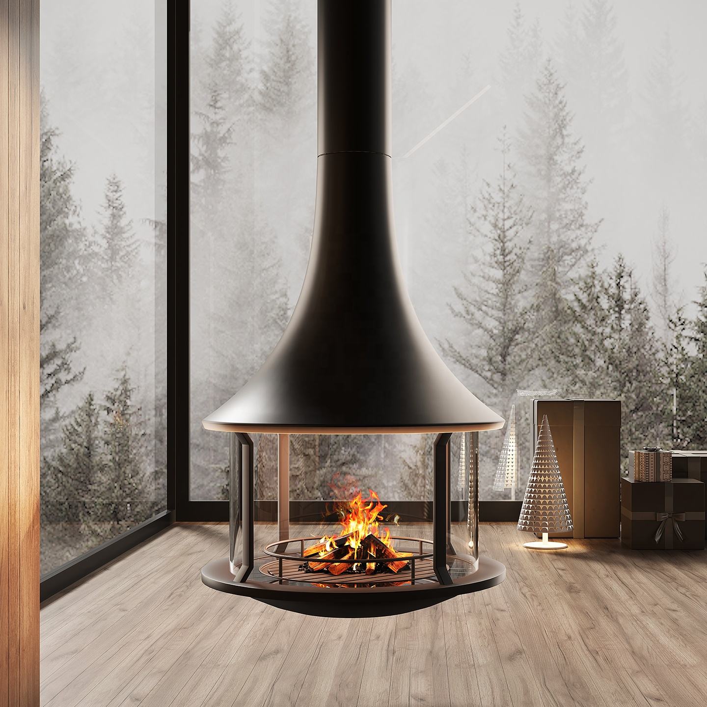 Luxury 360 View Wood Burning Fireplace Custom Hanging Real Flame Fireplace